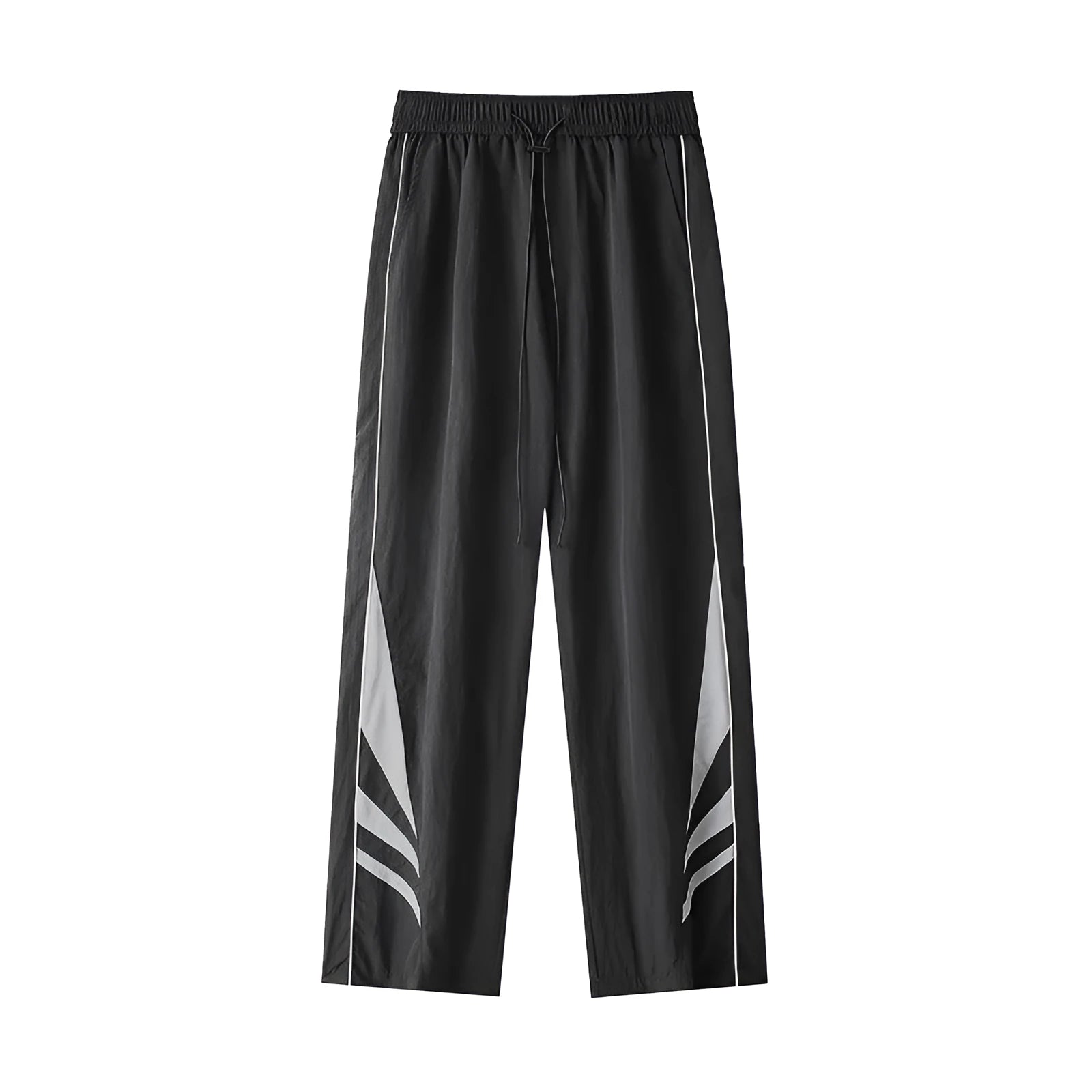 Men's straight-leg casual trousers in black or grey, featuring an elastic waist and thin summer fabric.