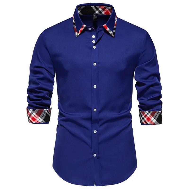 Men's triangle collar shirt with plaid contrast panels in polyester fibre