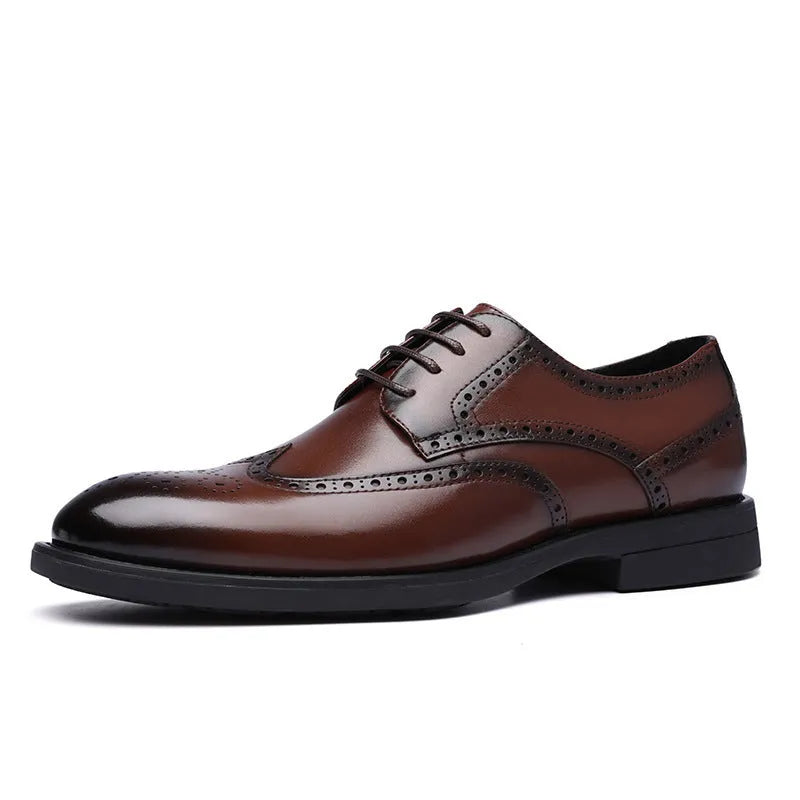 Men's black and brown brogue formal shoes with wingtip perforations, shown on a plain background.