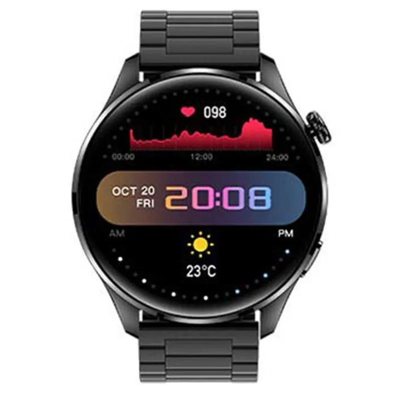 Smart watch with round colour screen and black silicone strap, showing Bluetooth calling interface.