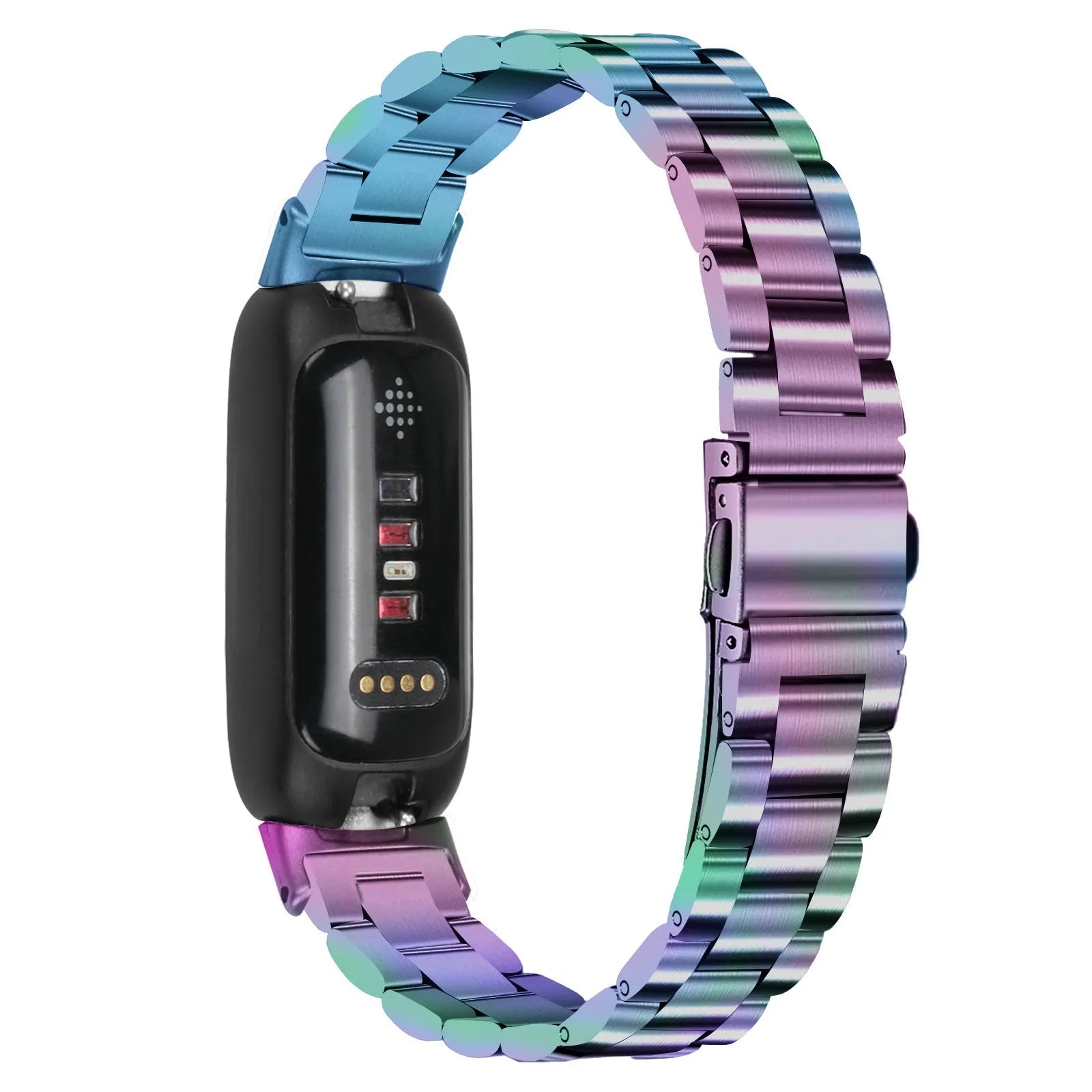 Stainless steel watch strap for Fitbit Inspire 3 tracker in multiple colour options on a grey background.