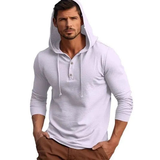 Men's dark blue cotton pullover hoodie with long sleeves on a hanger.
