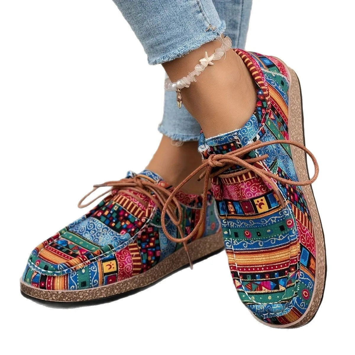 Thick-soled colorful ethnic retro sneakers in blue with fabric upper and rubber sole