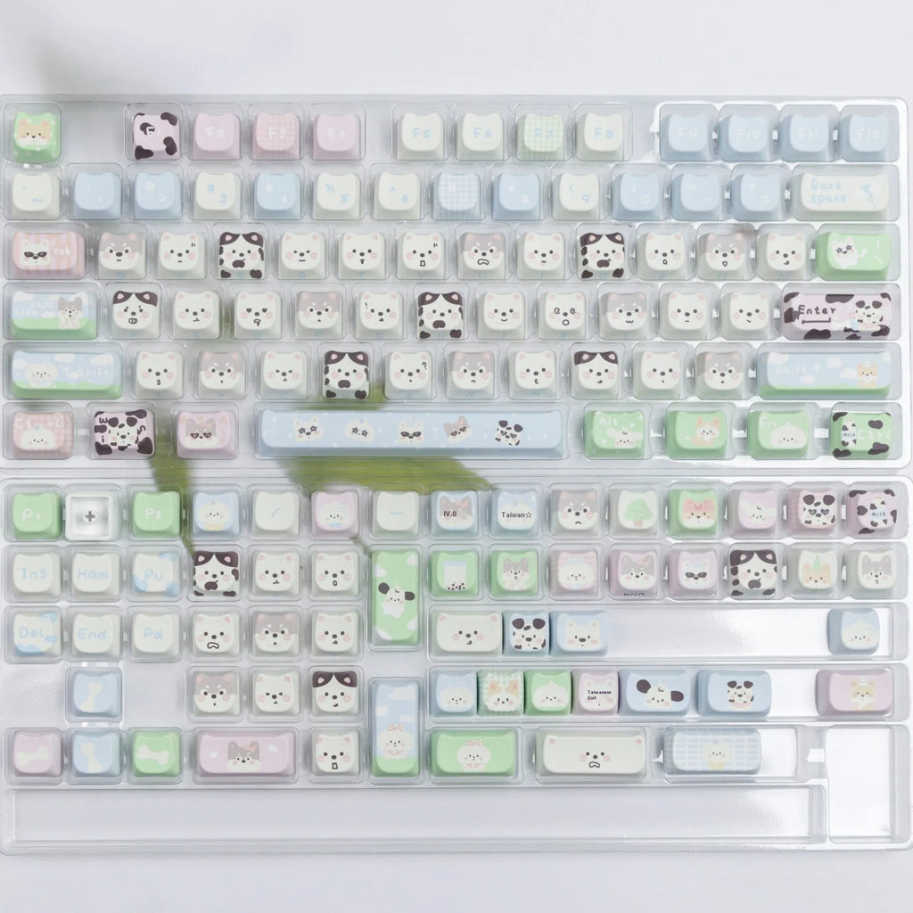 Puppy themed PBT key cap set for mechanical keyboards with full coverage design