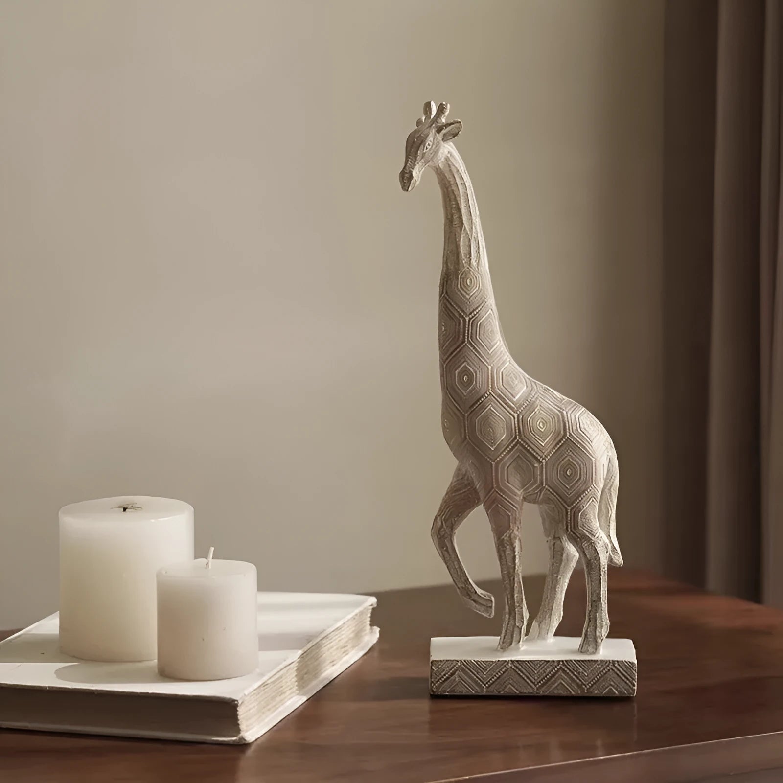Wood colour synthetic resin giraffe ornament on a surface, showing European style and size scale.