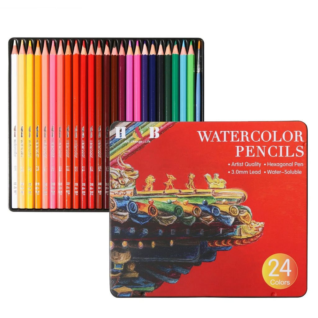 Open iron box showing 24 water-soluble coloured pencils and a brush for art projects