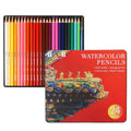 Open iron box showing 24 water-soluble coloured pencils and a brush for art projects