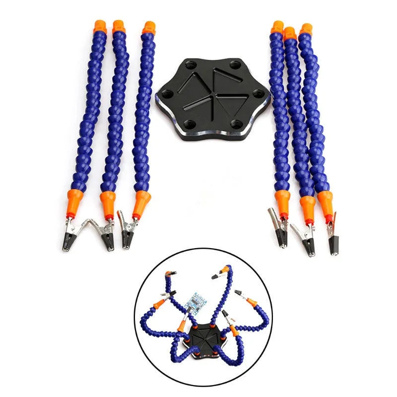 Black and purple six-claw aluminium alloy welding station with multiple adjustable arms for model soldering.