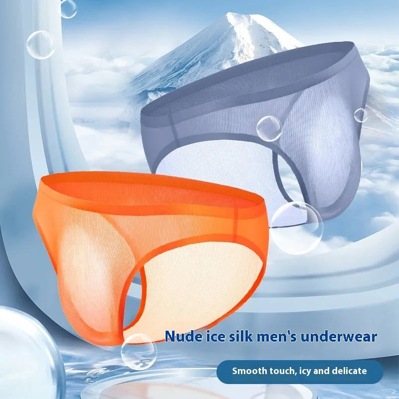 Translucent ultra-thin seamless Ice Silk men's underwear briefs in black stripes, low-waist knitted nylon construction