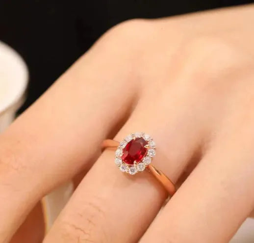 Gold pigeon blood red gemstone sterling silver ring with floral design for women