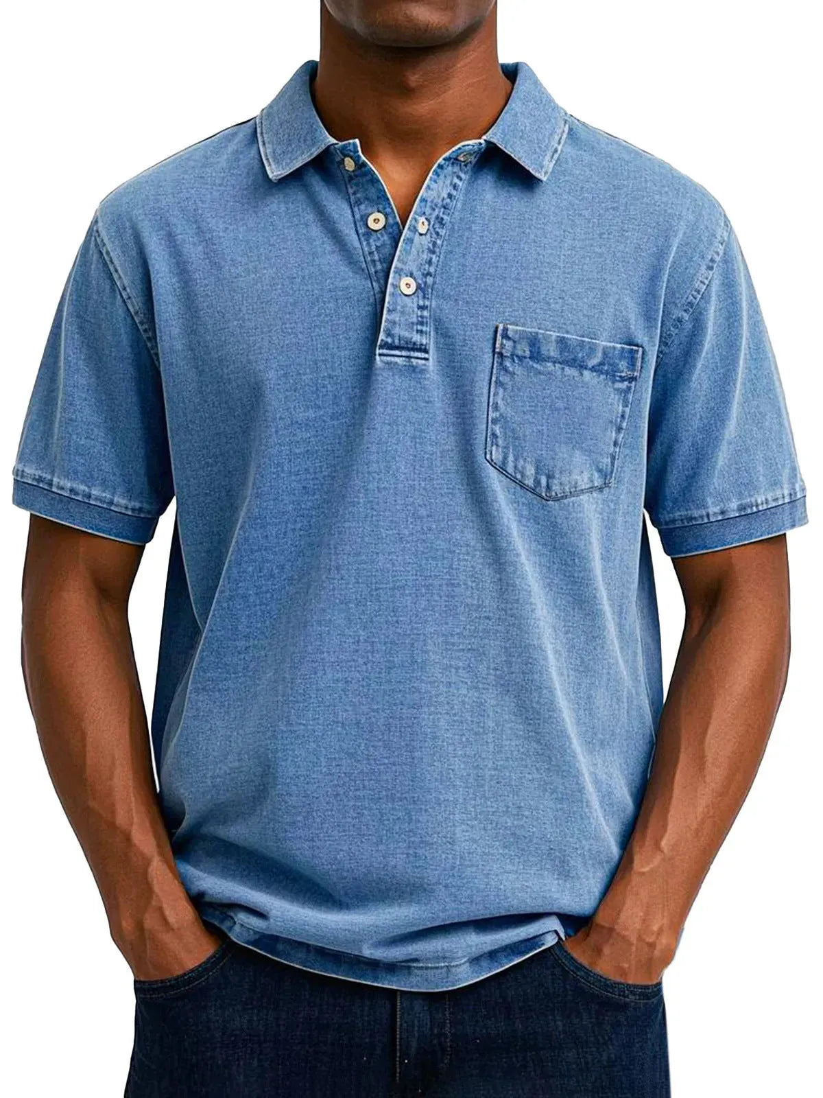 Plus size man wearing a printed short sleeve shirt in Korean style, showing slim fit.
