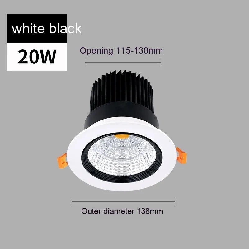 Black aluminium embedded LED ceiling spotlight with anti-glare design showing three colour temperature options