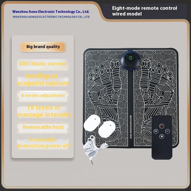 Blue reflexology foot massager mat with USB charging cable and remote control