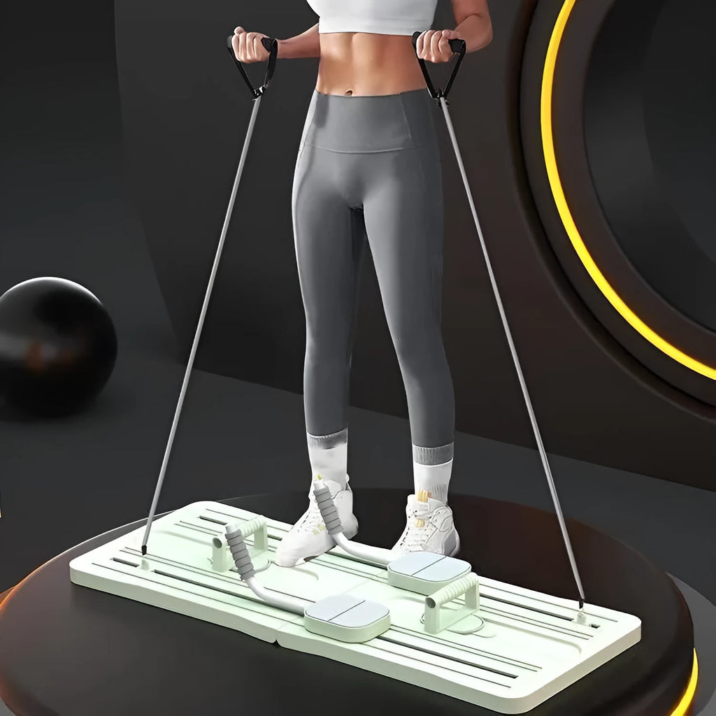 Purple foldable belly panel trainer for abdominal exercises on a home floor