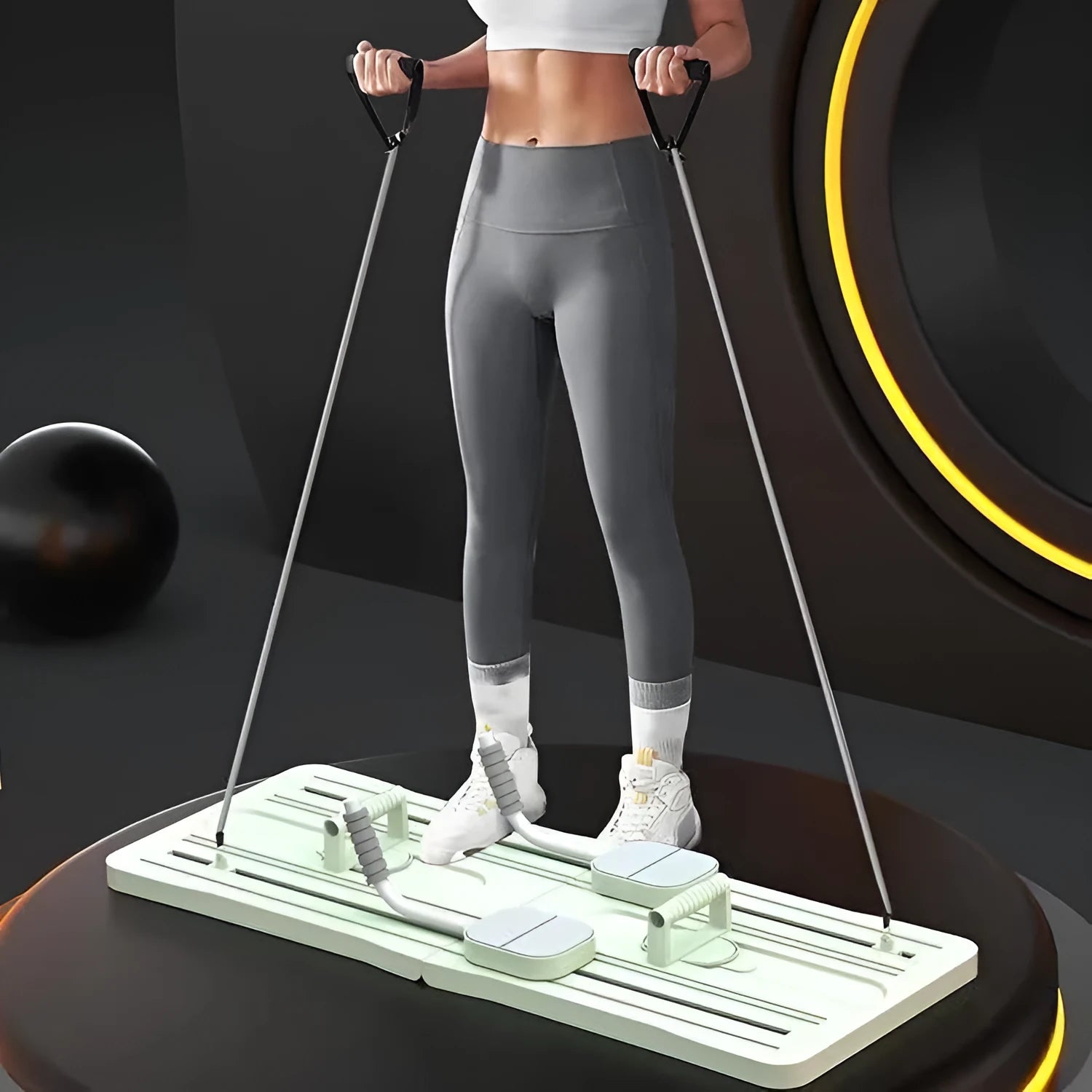 Purple foldable belly panel trainer for abdominal exercises on a home floor
