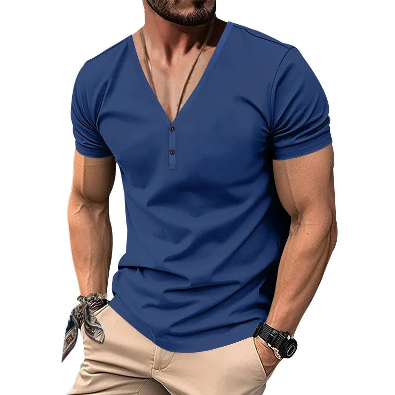 Men's slim-fit V-neck contrast colour Henley short sleeve top in polyester, available in black, white, wine red, gray, denim blue, brown
