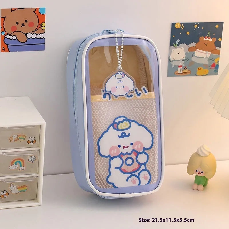 Transparent PVC student pencil case with cartoon design in candy bear, pink rabbit, blue dog, or purple dog colours