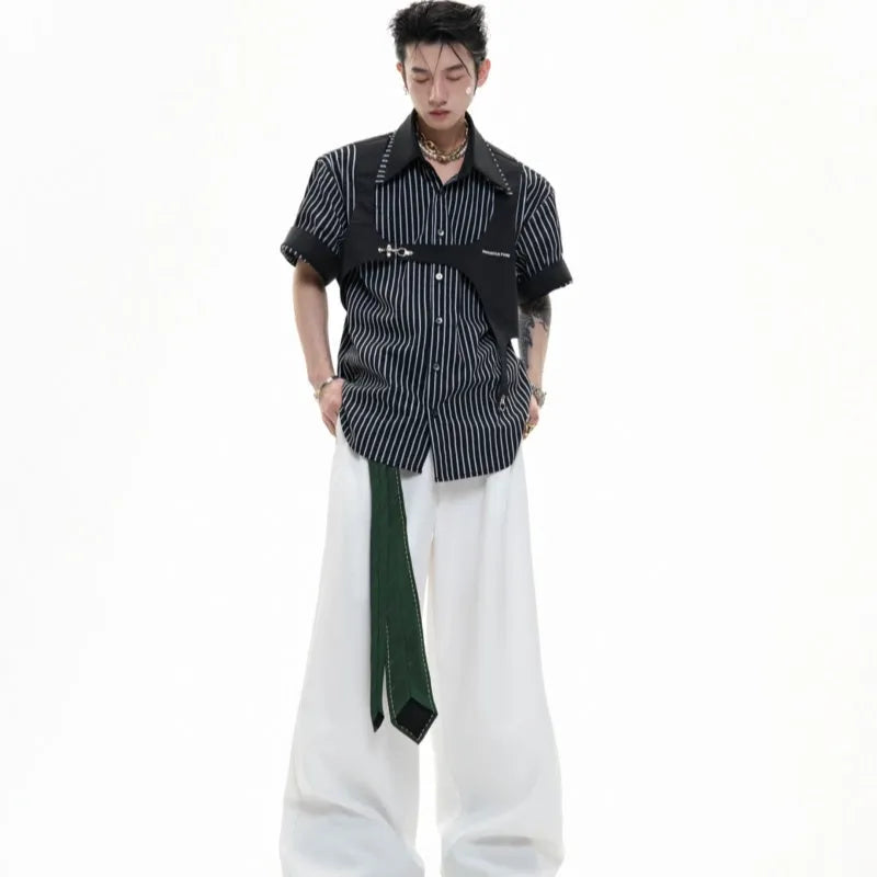 Men's black and white striped cotton shirt with double lapel collar design and short sleeves