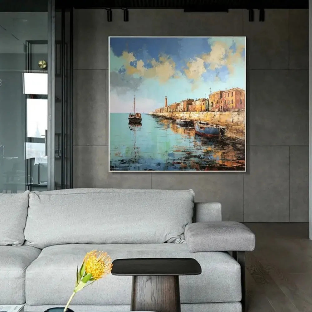 Hand painted oil painting on canvas abstract pier scenery square wall art in modern style
