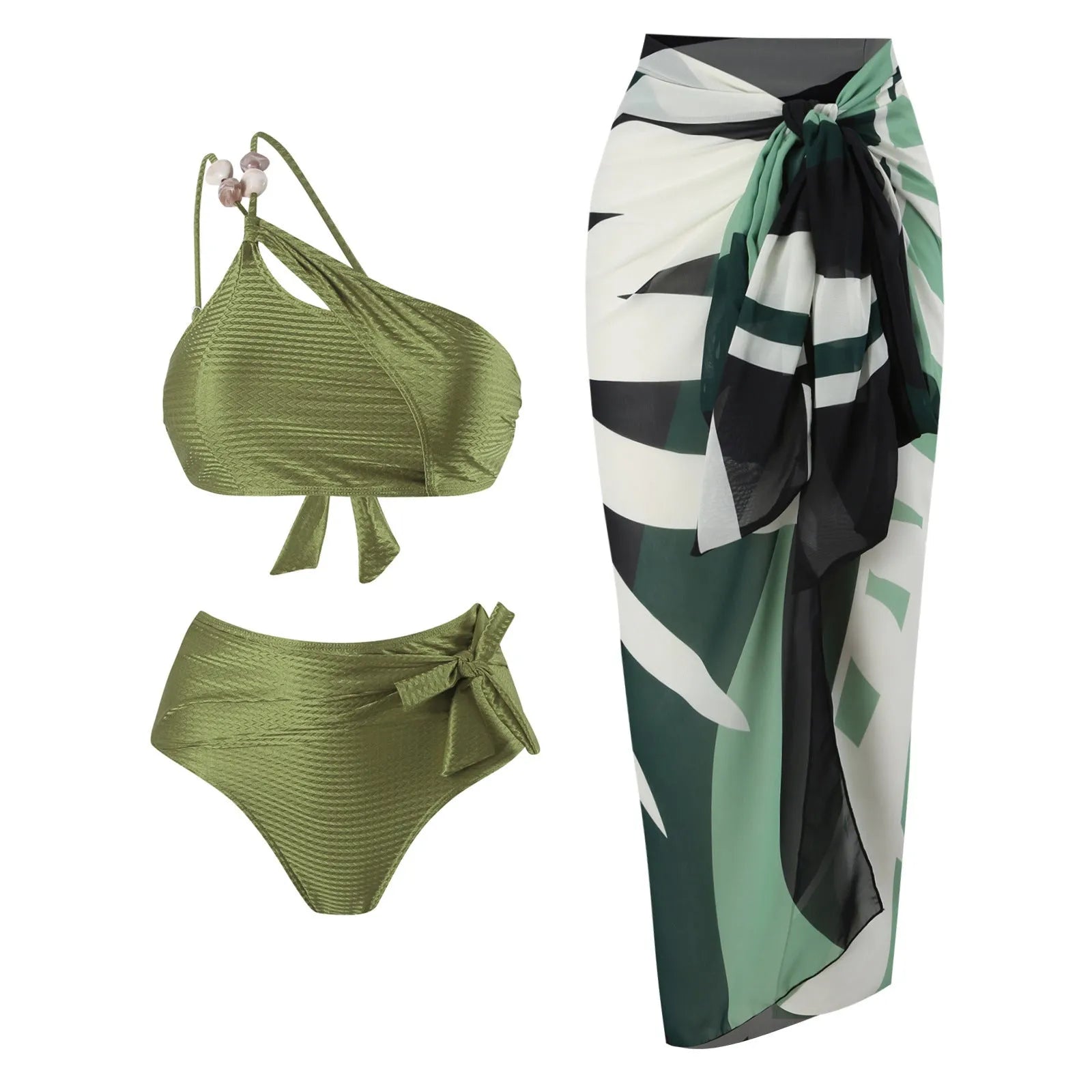 Brown high waist push up bikini swimsuit with a split chiffon dress detail for women