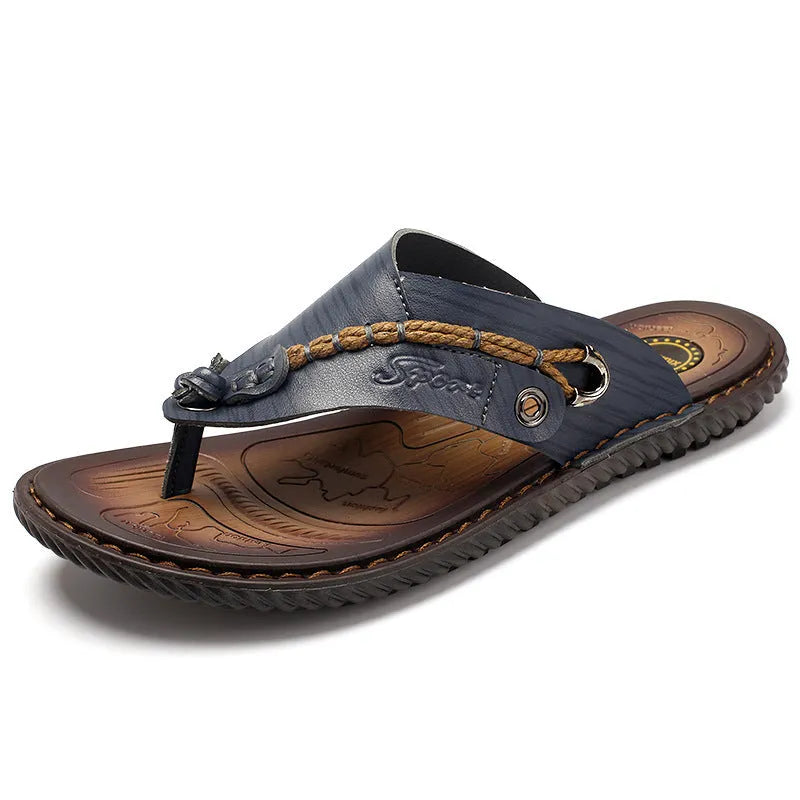 Men's black casual slippers with non-slip sole and PU leather upper on a plain background.