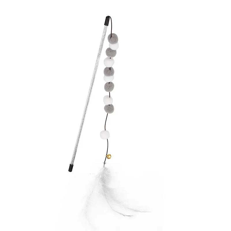 Colourful cat teaser stick with acrylic pompons, feathers, and bell on 31cm lightweight rod