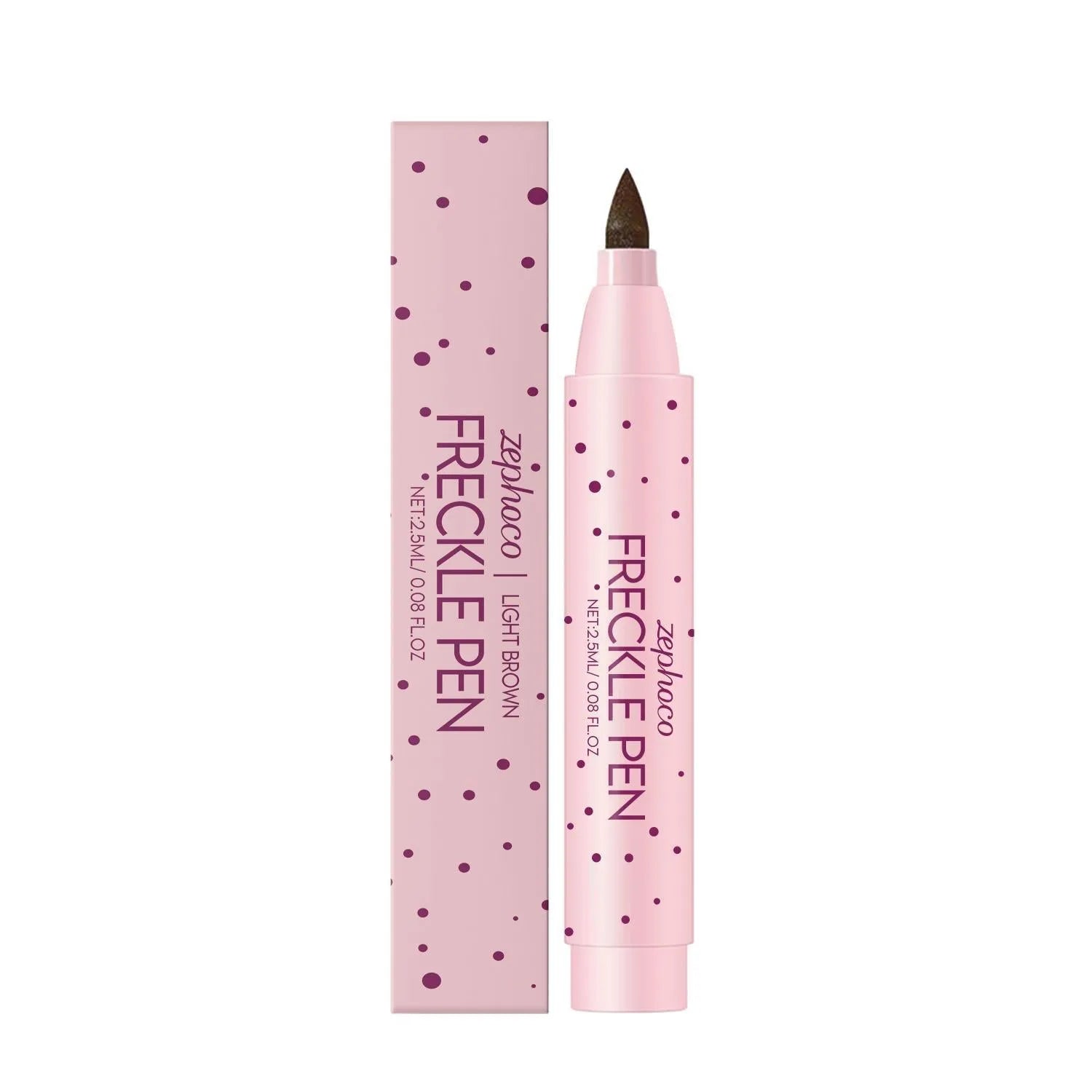 Close-up of a freckle pen with fine tip applicator in dark brown and light brown colour options.