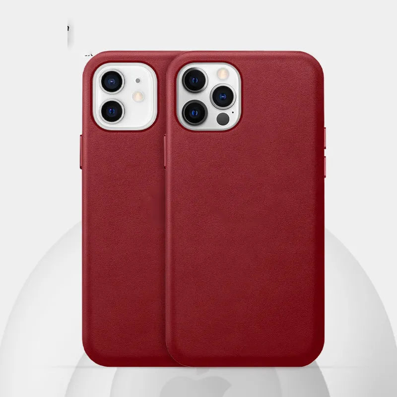 Real cowhide leather phone case in black with magnetic vibration for iPhone 13 Pro Max, back cover view