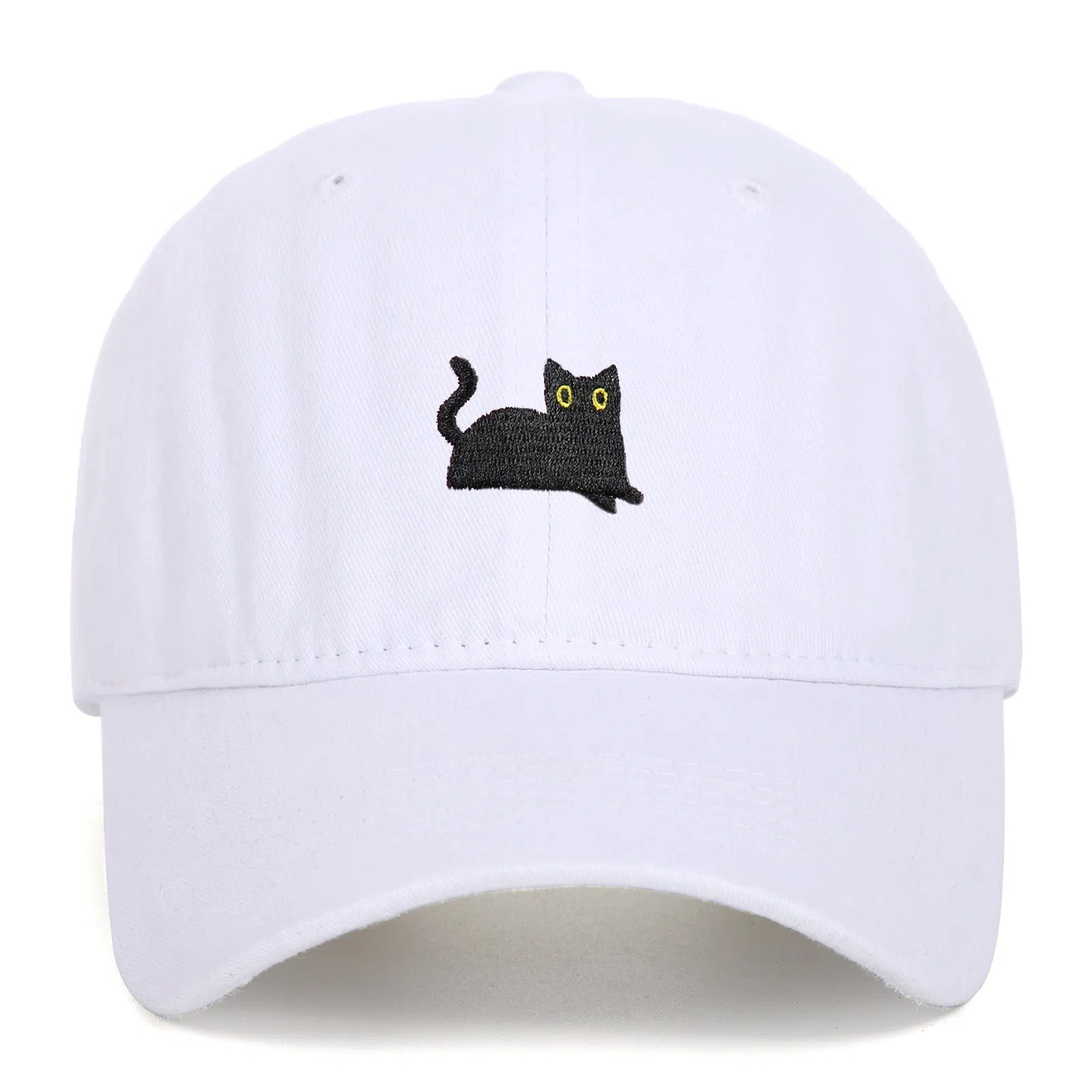 Black cat embroidered washed baseball cap in black, cotton fabric, adjustable size, dome crown style