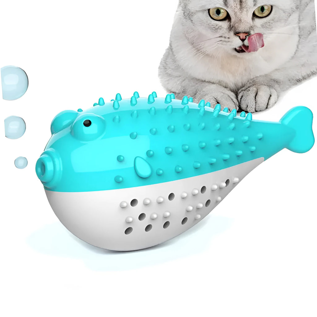 Silicone fish-shaped cat chew toy in blue, green, pink, or yellow colours for reducing destructive chewing