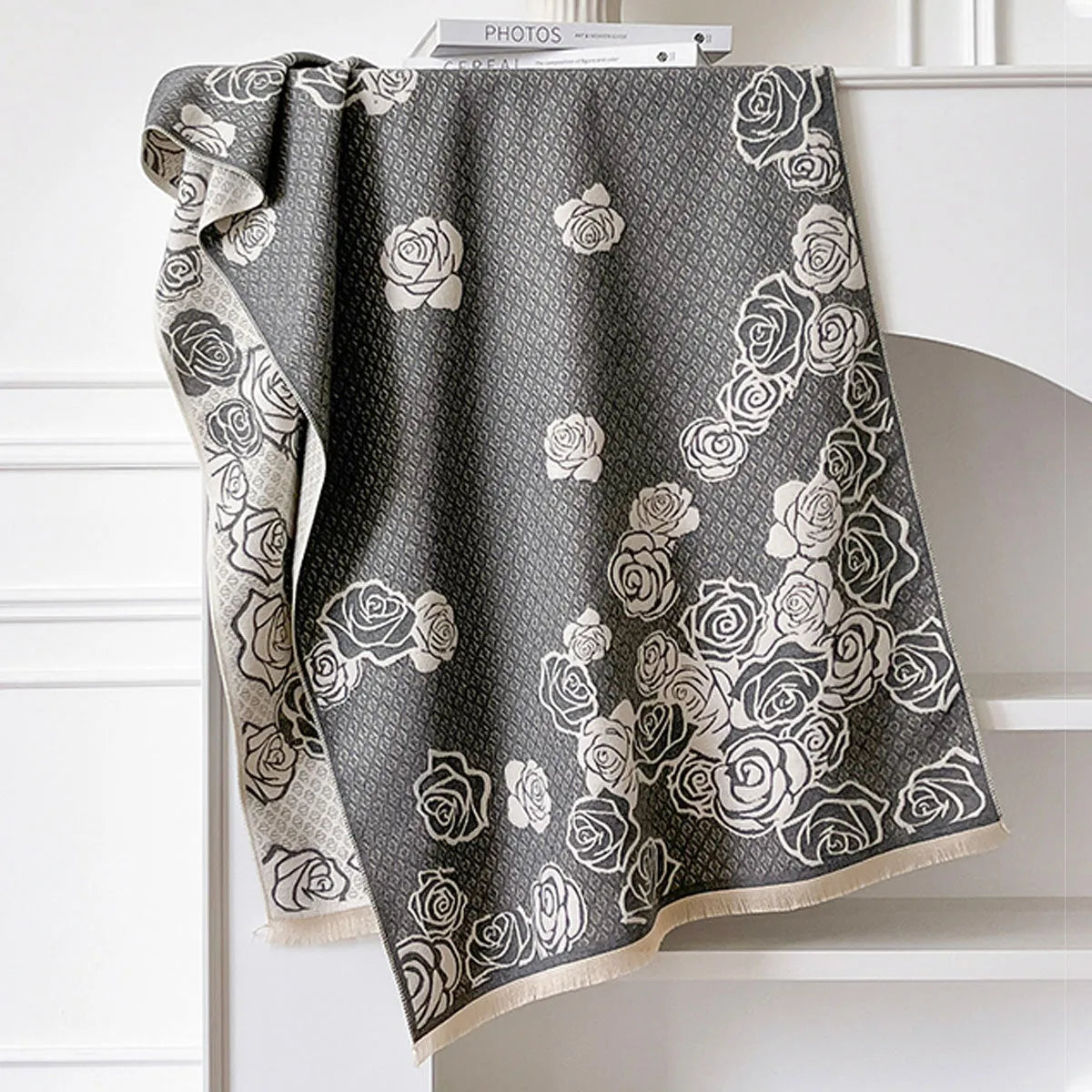 185cm imitation cashmere winter scarf with tassels in black, blue, gray, or khaki colours