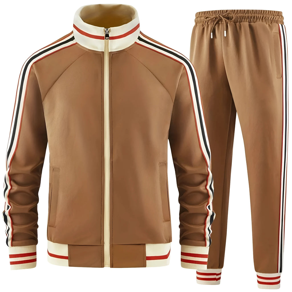 Khaki turtleneck zipper cardigan with matching trousers street style leisure suit