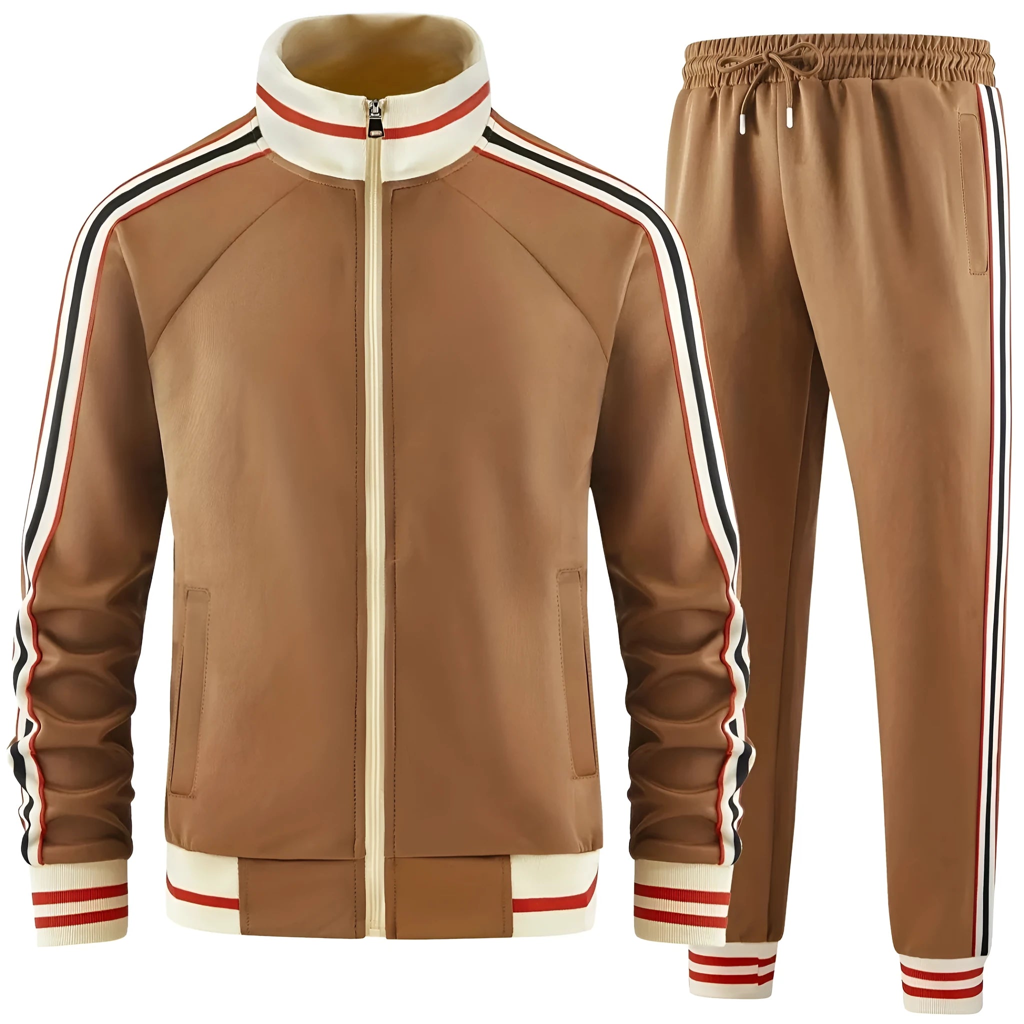 Khaki turtleneck zipper cardigan with matching trousers street style leisure suit