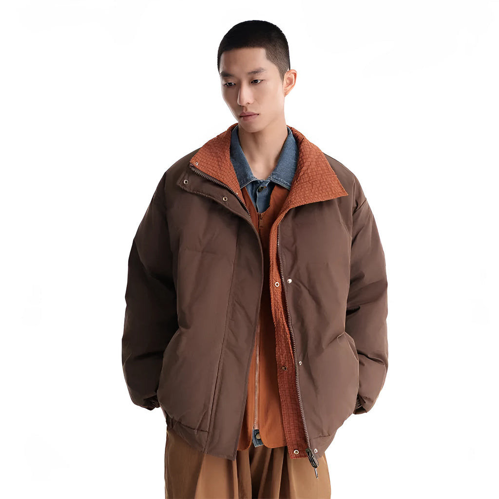 Men's brown plaid reversible down jacket with stand-up collar and hood, medium length, white duck down filling
