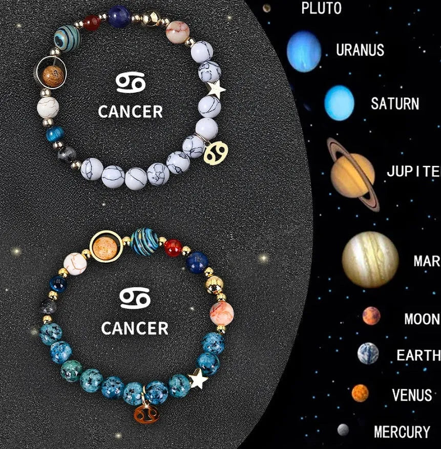 Two natural stone beaded bracelets showing different zodiac sign designs on an adjustable cord.