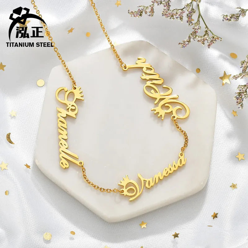 Custom name necklace stainless steel with titanium steel pendant engraved with two names gold finish