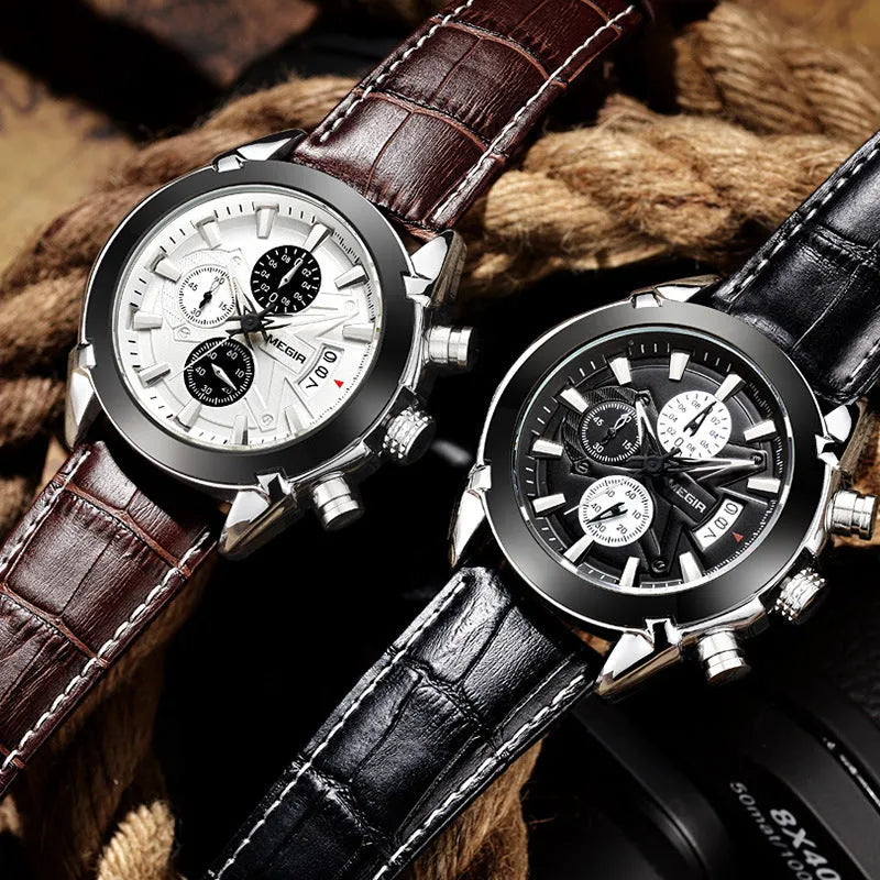 Men's multifunctional quartz watch with three subdials, waterproof construction, and luminous dials in black or brown colour options