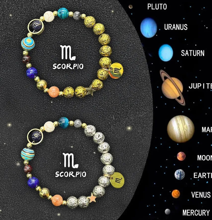 Set of two natural stone beaded bracelets with Zodiac sign charms on a dark background.