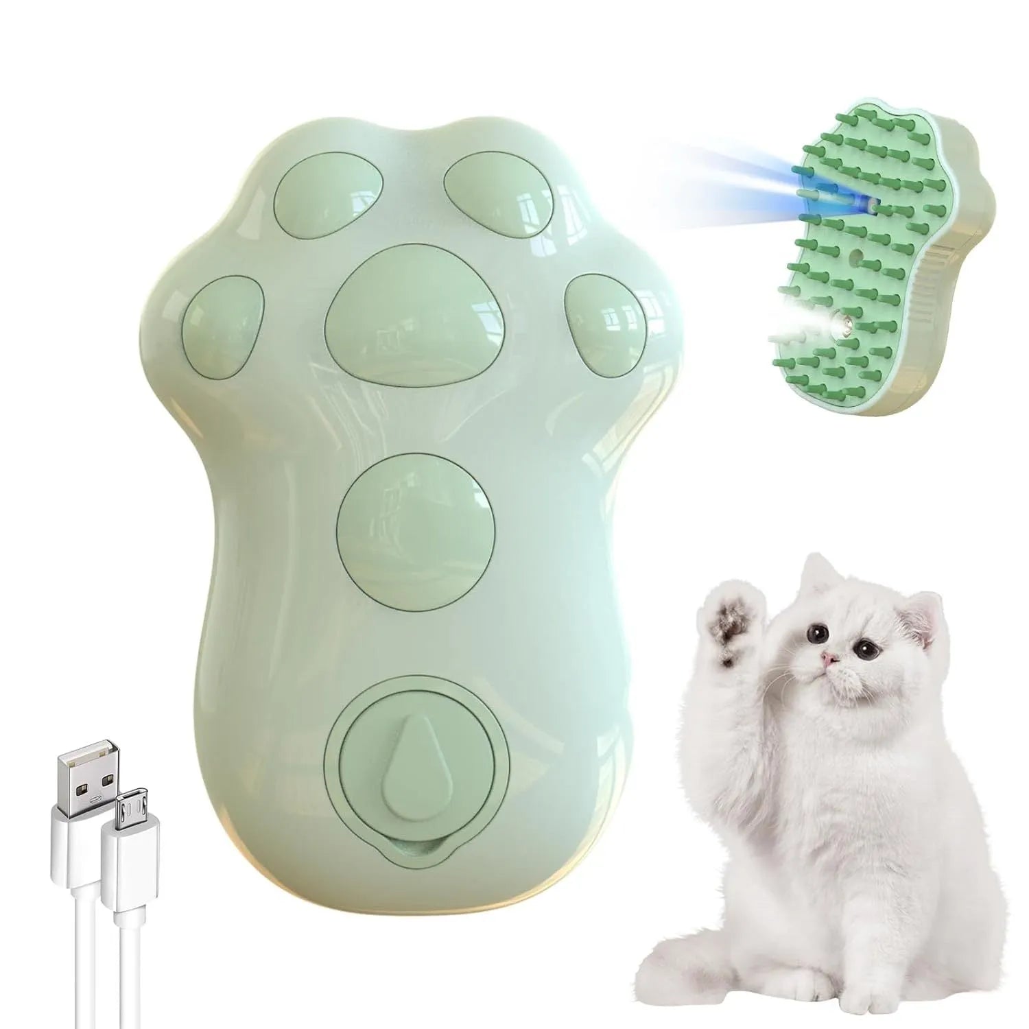 Self-cleaning cat steam brush with silicone brush head and release button for pet grooming