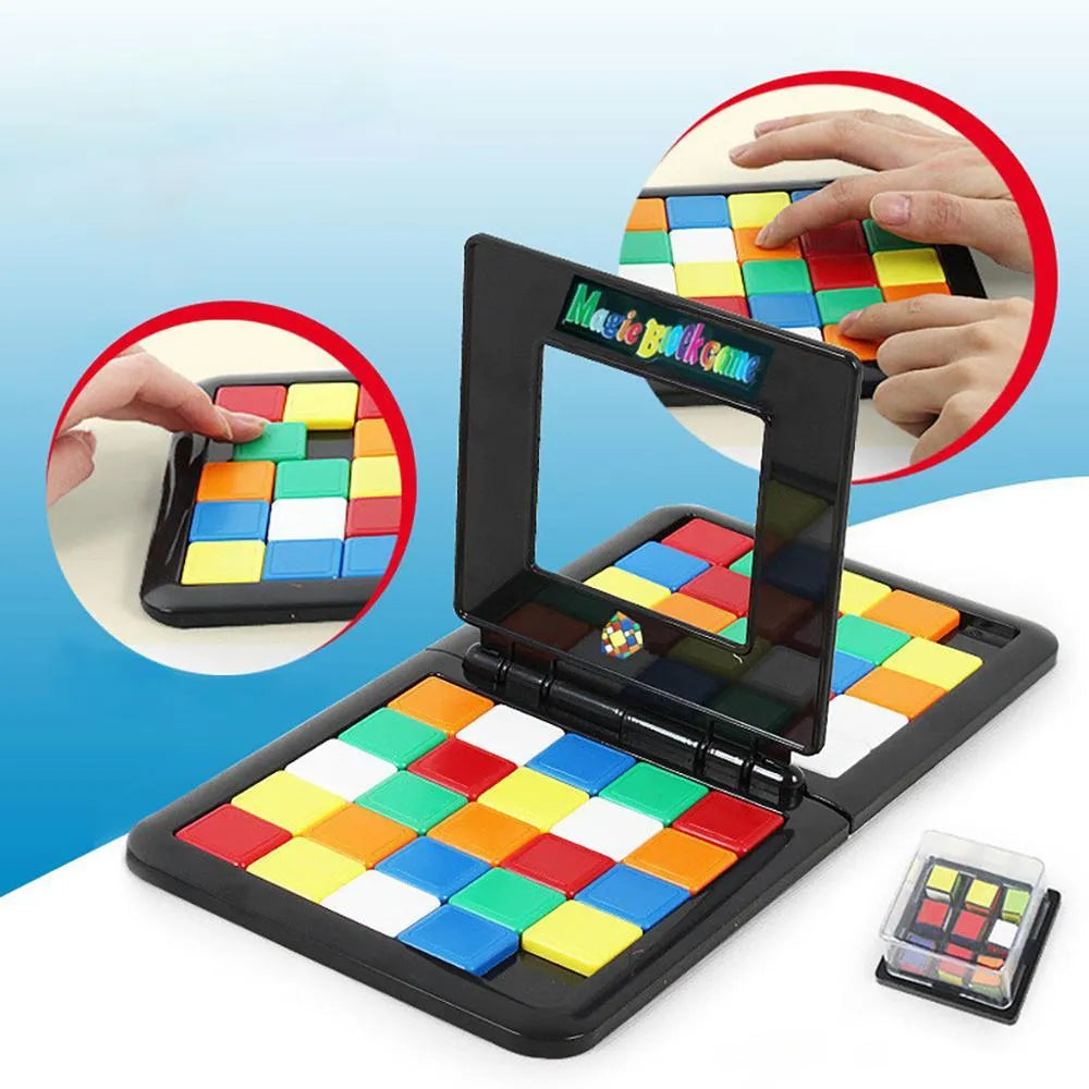 Color Battle Square Race Game with coloured dice and blocks in open box