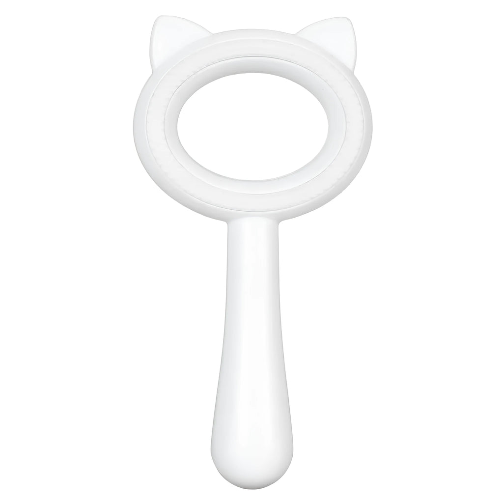 Blue and white double-sided pet grooming brush with ergonomic handle for cats and dogs.