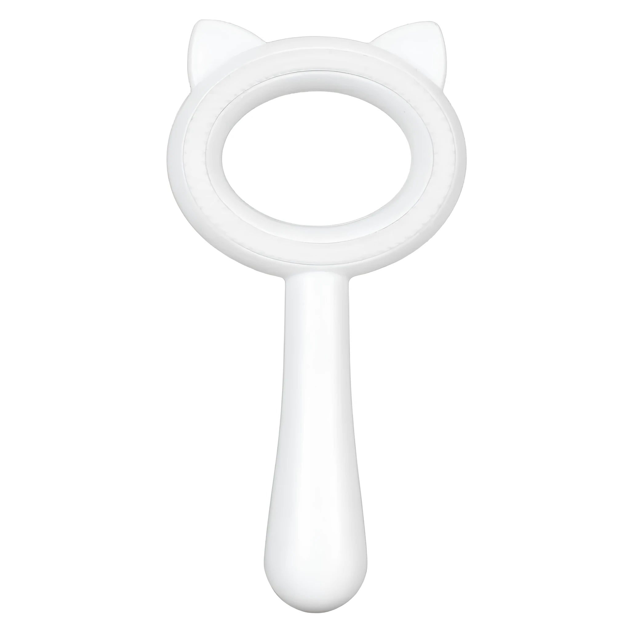 Blue and white double-sided pet grooming brush with ergonomic handle for cats and dogs.