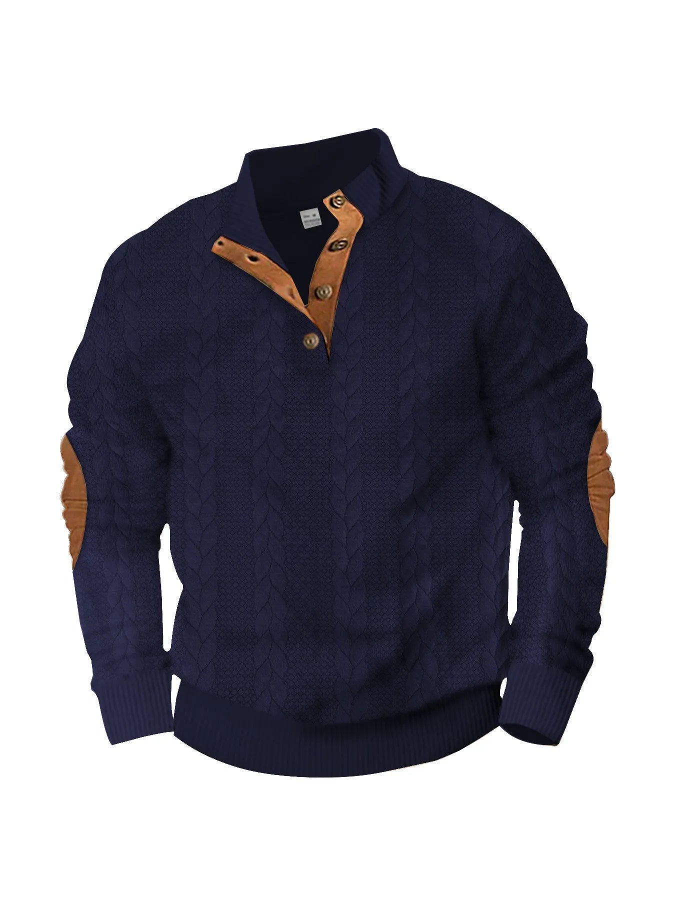 Fashion jacquard buckle long sleeve embroidered patch sweater in caramel colour