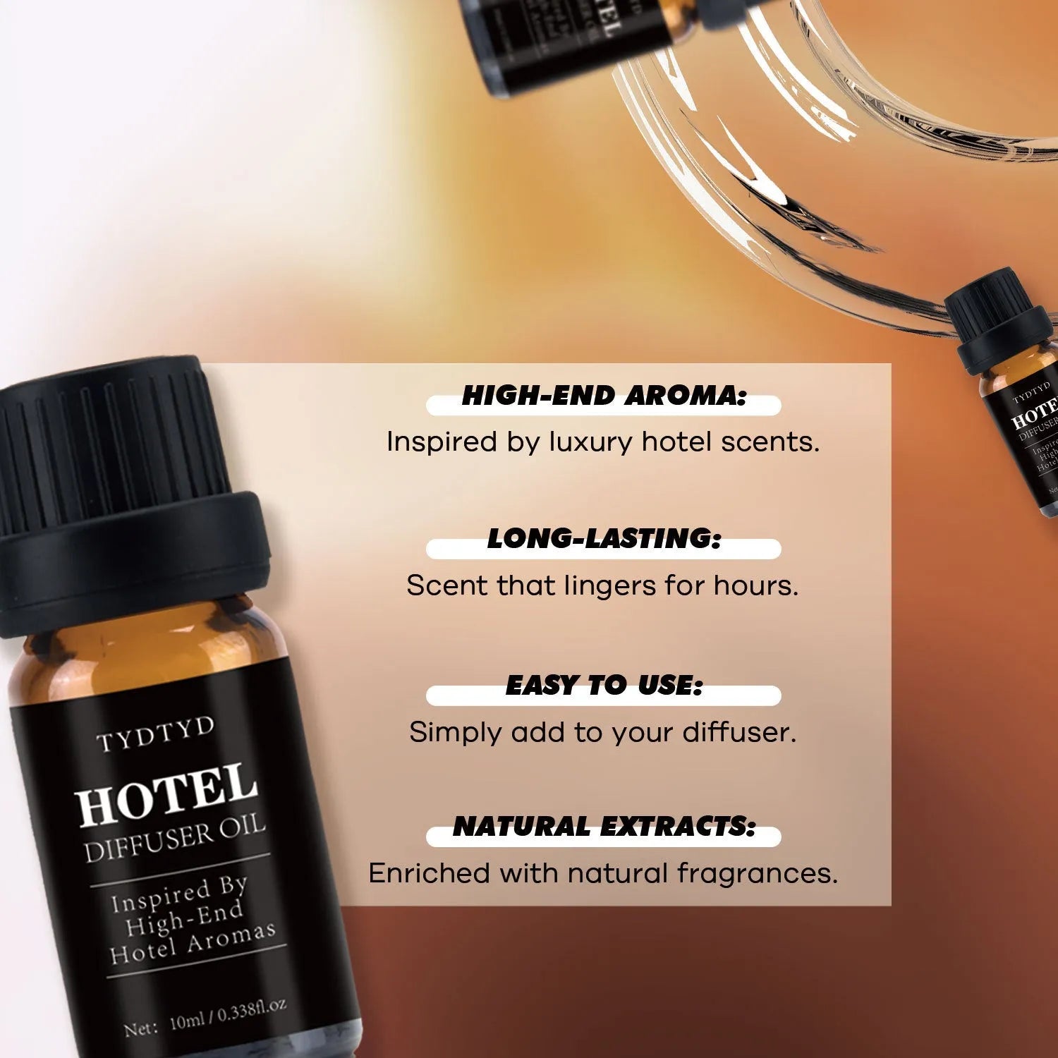10ml glass bottle of natural plant fragrance essential oil on a neutral background.