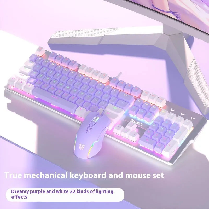 White and purple mechanical keyboard and mouse wired combo set with backlight illumination