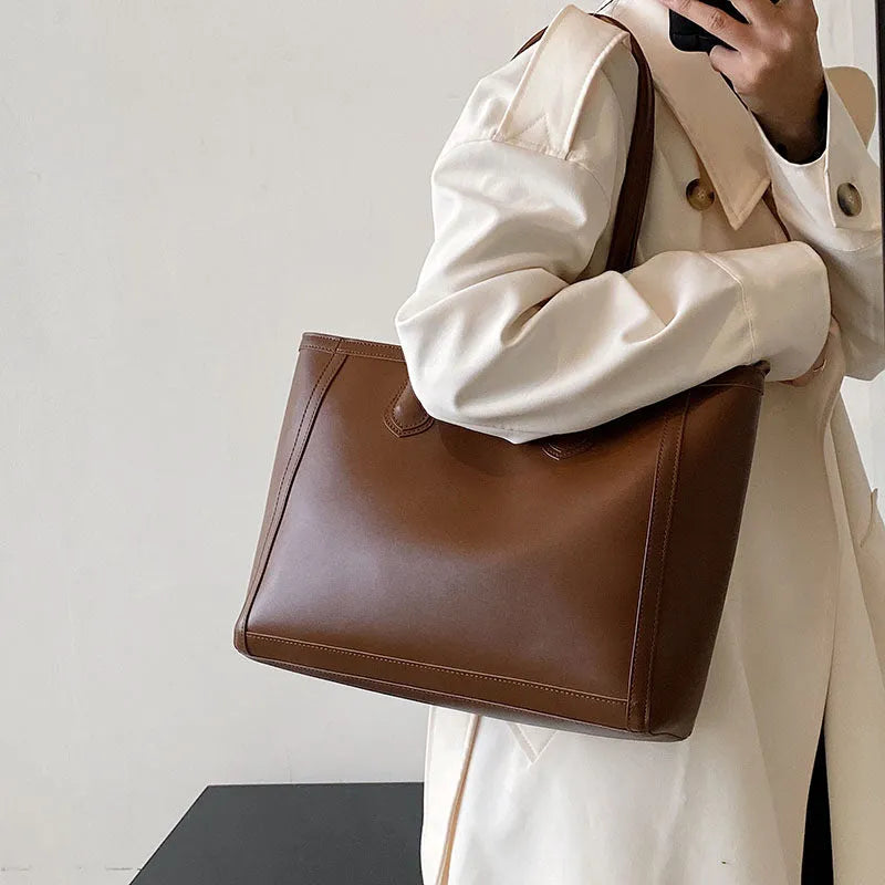 Horizontal square PU tote shoulder bag in khaki colour with smooth finish