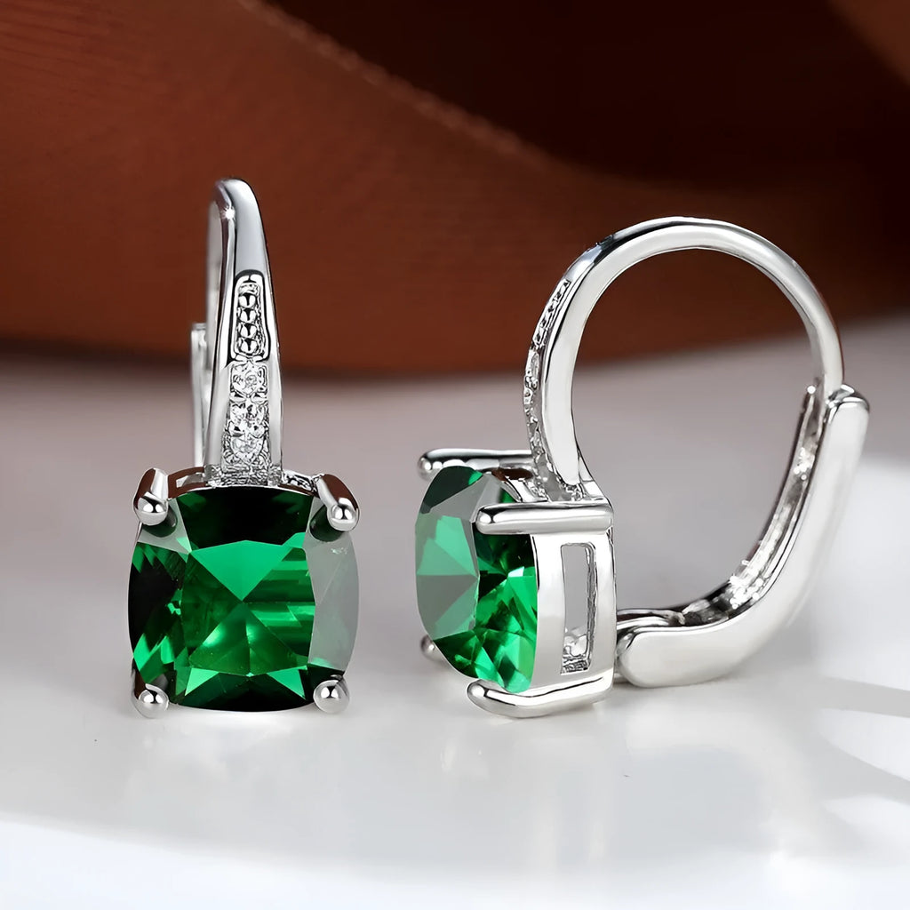Square geometric ear hook studs with a round zircon stone, shown in a gold electroplated finish.