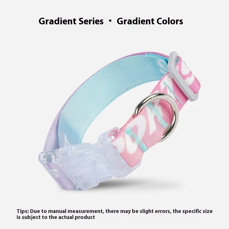 Adjustable nylon dog collar with cartoon gradient printing in small, medium, and large sizes