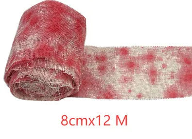 Roll of polyester Halloween horror bandage in bloody cloth red colour, 8cm wide