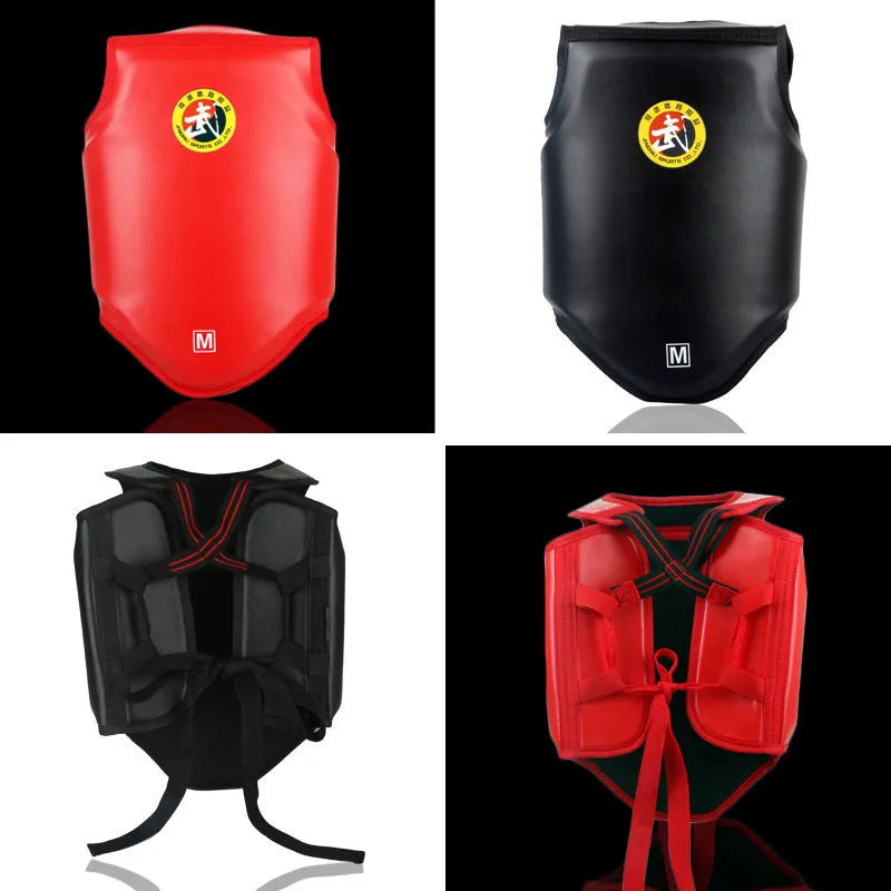 Red boxing helmet and chest protector training set on white background